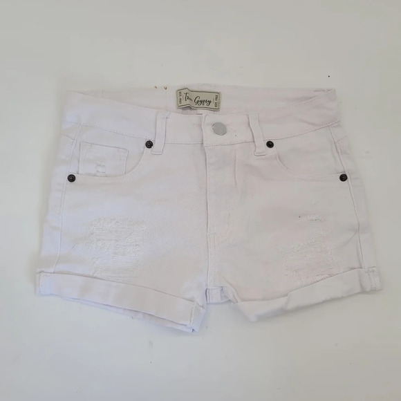 True Gypsy Womens 5 Shorts Cuffed Distressed Zipper Fly Denim Jean White Stretch - Picture 7 of 9